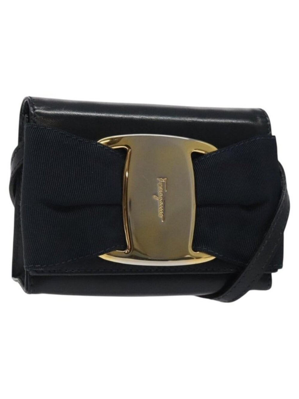 Authentic Salvatore Ferragamo Pouch Shoulder Bag Leather Navy Gold